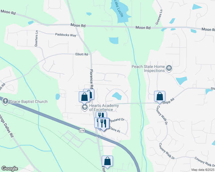 map of restaurants, bars, coffee shops, grocery stores, and more near 5095 Lakewood Way in Powder Springs