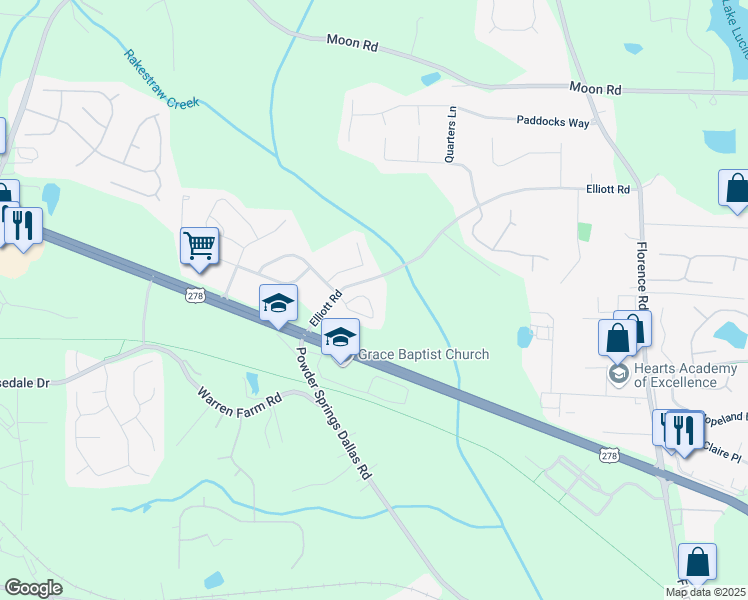 map of restaurants, bars, coffee shops, grocery stores, and more near 5630 Berney Circle in Powder Springs