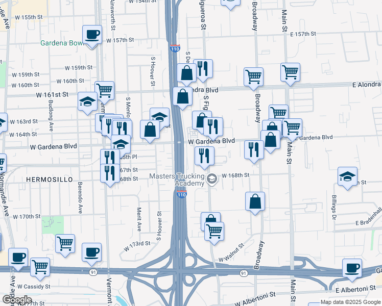 map of restaurants, bars, coffee shops, grocery stores, and more near 16531 South Denver Avenue in Gardena