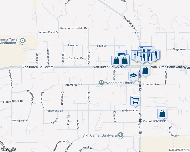 map of restaurants, bars, coffee shops, grocery stores, and more near 16430 Everetts Way in Riverside