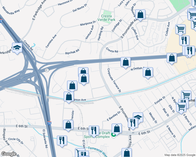 map of restaurants, bars, coffee shops, grocery stores, and more near 222 South Promenade Avenue in Corona