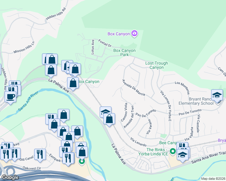 map of restaurants, bars, coffee shops, grocery stores, and more near 5365 Avenue De Michelle in Yorba Linda