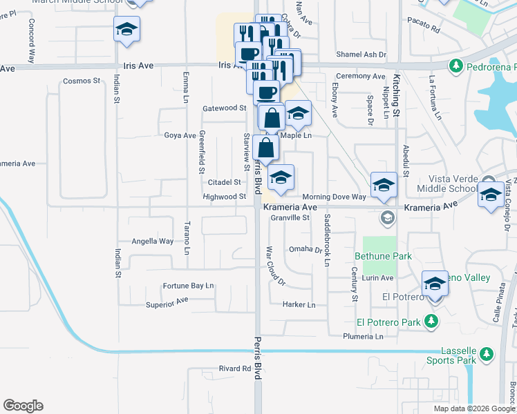 map of restaurants, bars, coffee shops, grocery stores, and more near Perris Blvd & Krameria Ave in Moreno Valley