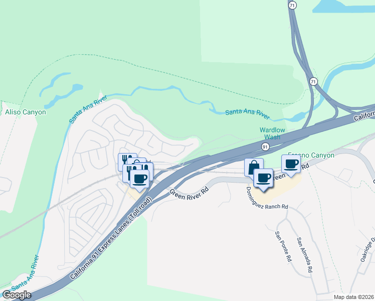 map of restaurants, bars, coffee shops, grocery stores, and more near 4495 Pennyroyal Drive in Corona