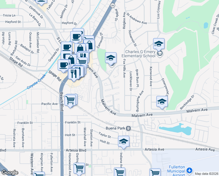 map of restaurants, bars, coffee shops, grocery stores, and more near 8191 Crowley Circle in Buena Park