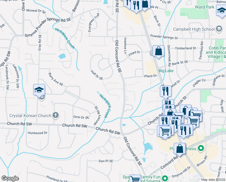 map of restaurants, bars, coffee shops, grocery stores, and more near 1334 Poplar Pointe in Smyrna