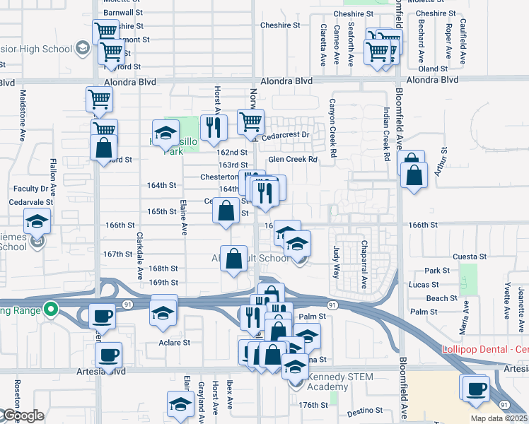map of restaurants, bars, coffee shops, grocery stores, and more near in Cerritos
