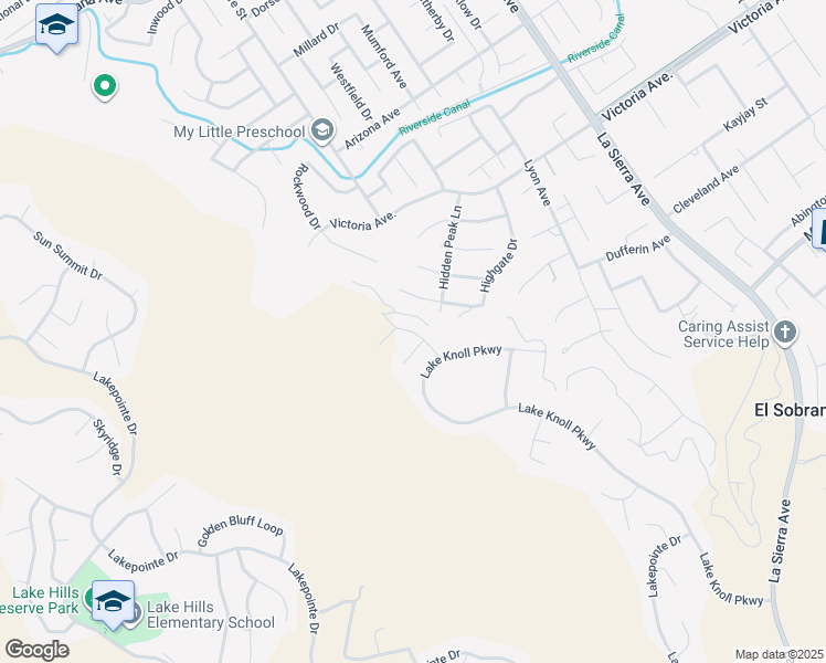map of restaurants, bars, coffee shops, grocery stores, and more near Summer Springs Way in Riverside