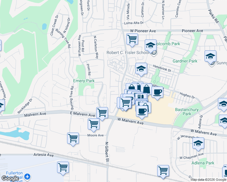 map of restaurants, bars, coffee shops, grocery stores, and more near 2312 Sandbar Drive in Fullerton