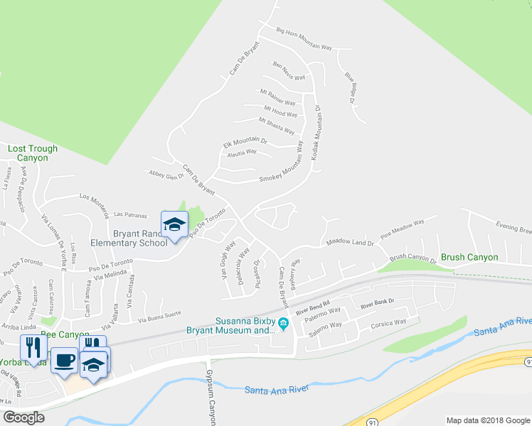 map of restaurants, bars, coffee shops, grocery stores, and more near 27830 Kimberly Drive in Yorba Linda