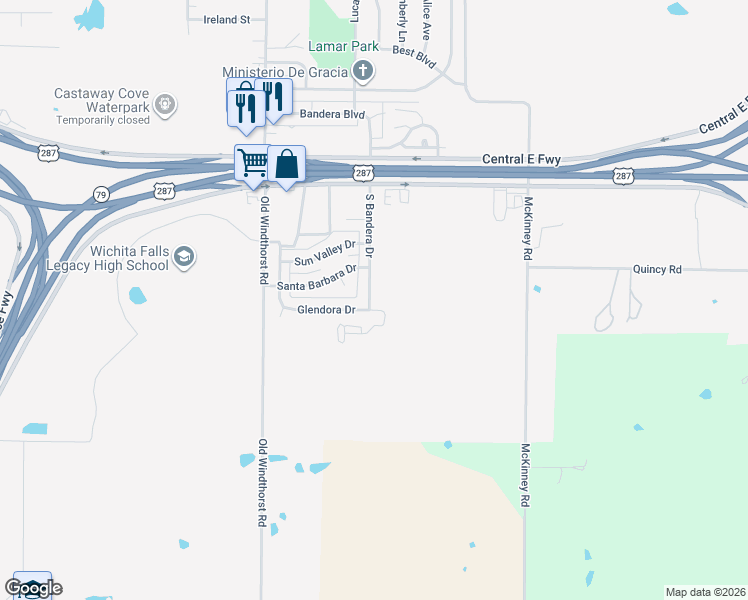 map of restaurants, bars, coffee shops, grocery stores, and more near 1603 Glendora Drive in Wichita Falls