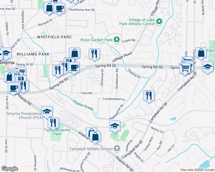 map of restaurants, bars, coffee shops, grocery stores, and more near 1898 Spring Road Southeast in Smyrna