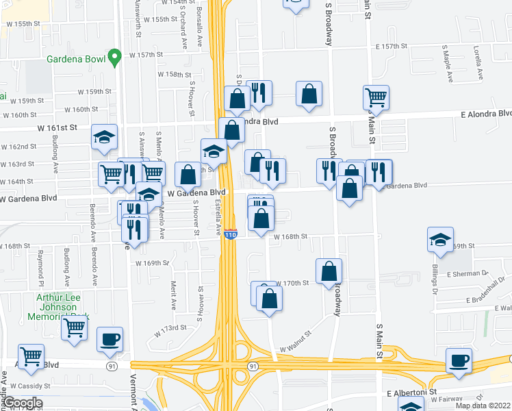 map of restaurants, bars, coffee shops, grocery stores, and more near 16521 South Figueroa Street in Gardena