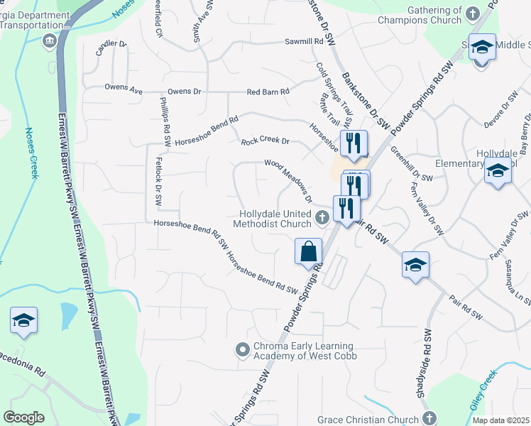 map of restaurants, bars, coffee shops, grocery stores, and more near 2467 Wood Meadows Drive in Marietta