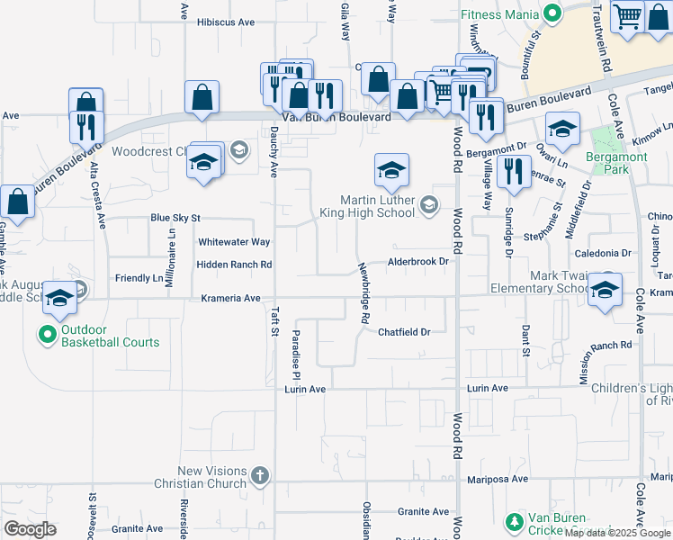 map of restaurants, bars, coffee shops, grocery stores, and more near 18668 Alderbrook Drive in Riverside
