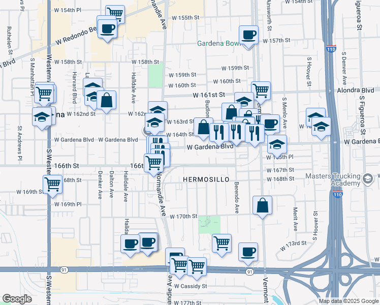 map of restaurants, bars, coffee shops, grocery stores, and more near 1256 West Gardena Boulevard in Gardena