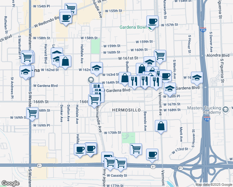 map of restaurants, bars, coffee shops, grocery stores, and more near 1267 166th Street in Gardena