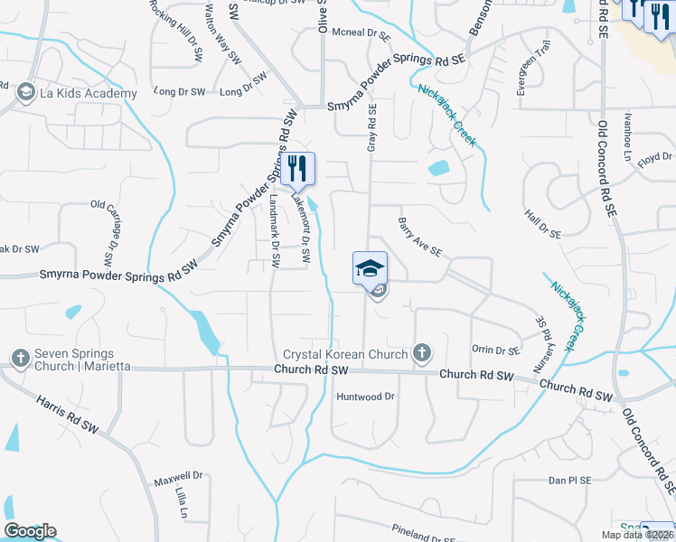 map of restaurants, bars, coffee shops, grocery stores, and more near 66 Winward Way Southeast in Smyrna