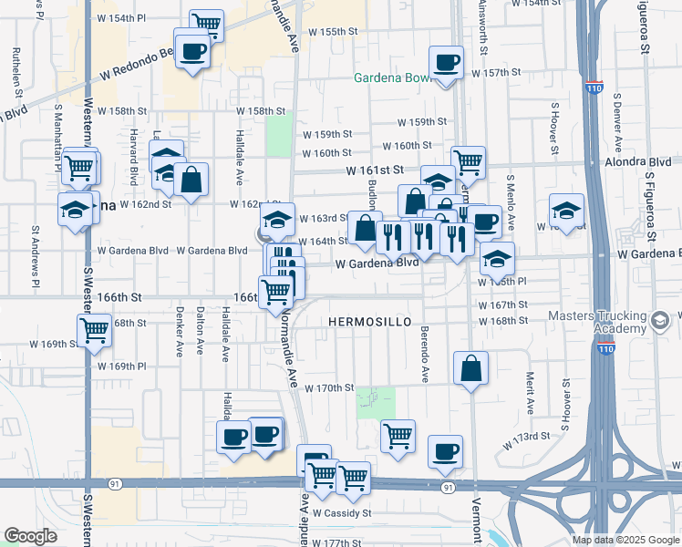 map of restaurants, bars, coffee shops, grocery stores, and more near 1256 West Gardena Boulevard in Gardena