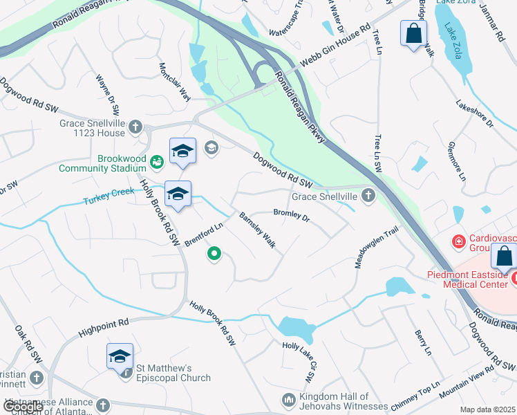 map of restaurants, bars, coffee shops, grocery stores, and more near 1322 Bromley Drive in Snellville