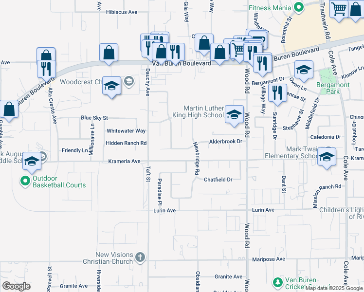 map of restaurants, bars, coffee shops, grocery stores, and more near 18668 Alderbrook Drive in Riverside