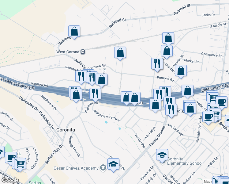 map of restaurants, bars, coffee shops, grocery stores, and more near 2280 Wardlow Circle in Corona