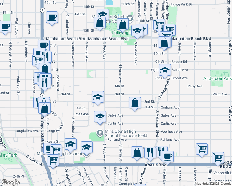 map of restaurants, bars, coffee shops, grocery stores, and more near 1545 3rd Street in Manhattan Beach