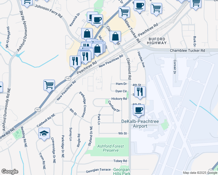 map of restaurants, bars, coffee shops, grocery stores, and more near 1861 Dyer Circle in Chamblee