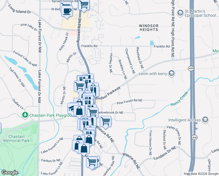 map of restaurants, bars, coffee shops, grocery stores, and more near 333 Windsor Parkway in Sandy Springs
