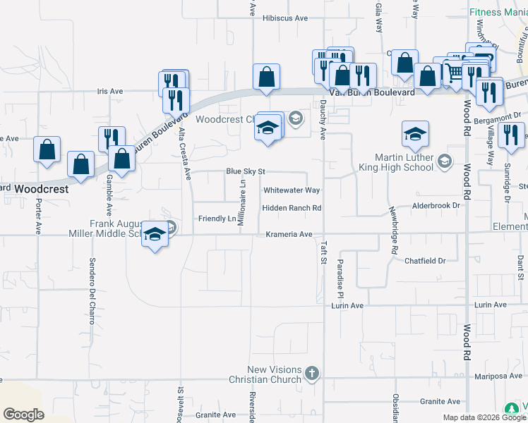 map of restaurants, bars, coffee shops, grocery stores, and more near 9336 Golden Lantern Road in Riverside
