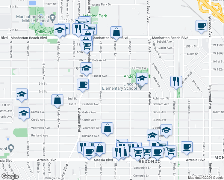 map of restaurants, bars, coffee shops, grocery stores, and more near 2019 Plant Avenue in Redondo Beach