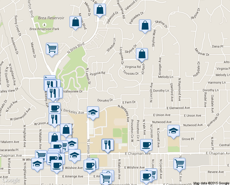map of restaurants, bars, coffee shops, grocery stores, and more near 525 Sheppard Drive in Fullerton