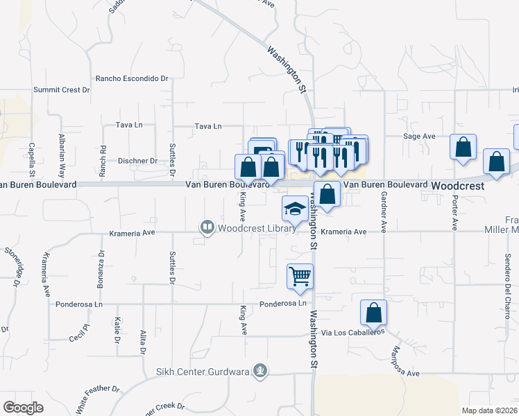 map of restaurants, bars, coffee shops, grocery stores, and more near 16805 Duckworth Avenue in Riverside