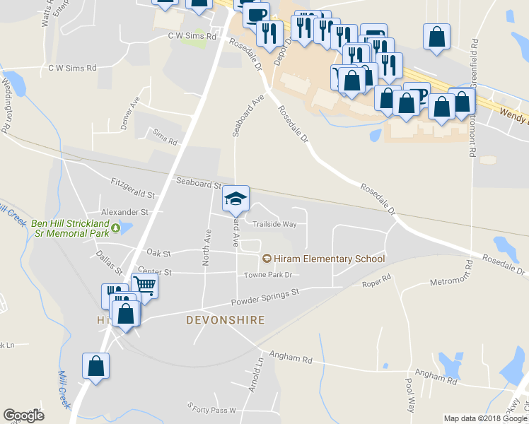 map of restaurants, bars, coffee shops, grocery stores, and more near 116 Trailside Circle in Hiram
