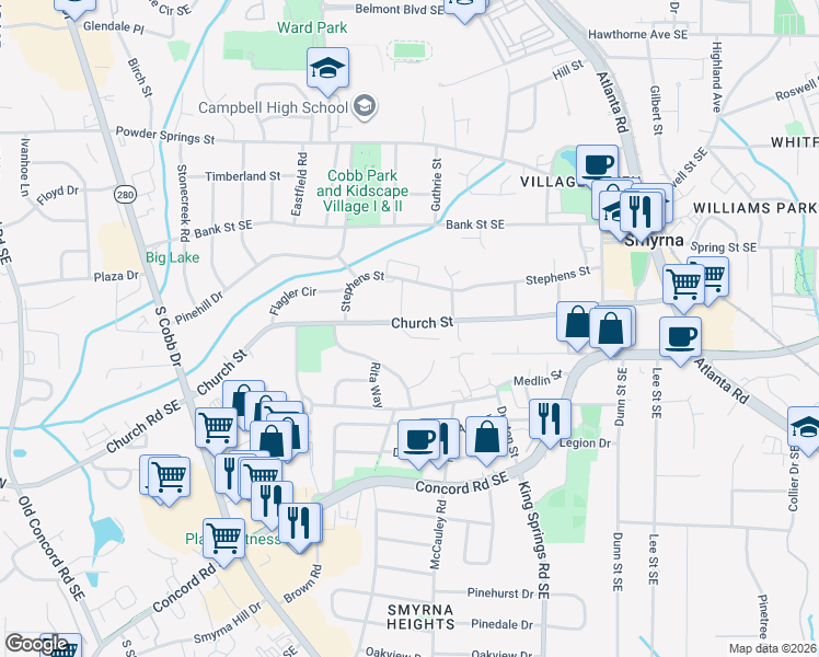 map of restaurants, bars, coffee shops, grocery stores, and more near 1105 Glenrose Street Southeast in Smyrna