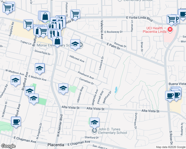 map of restaurants, bars, coffee shops, grocery stores, and more near 620 Pinehurst Avenue in Placentia