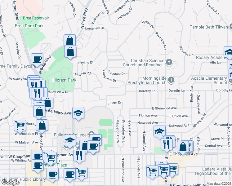 map of restaurants, bars, coffee shops, grocery stores, and more near 648 Dorothy Lane in Fullerton