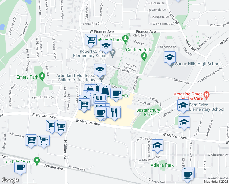 map of restaurants, bars, coffee shops, grocery stores, and more near 2110 Arnold Way in Fullerton