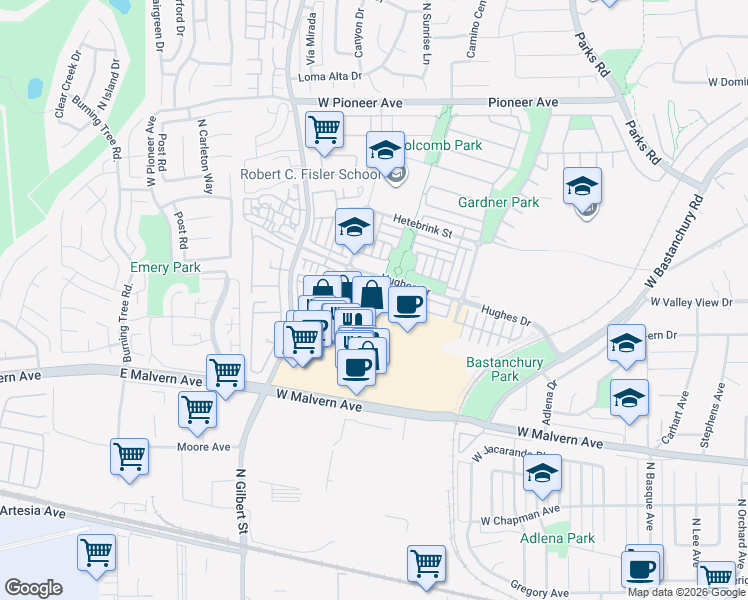 map of restaurants, bars, coffee shops, grocery stores, and more near 1973 West Malvern Avenue in Fullerton