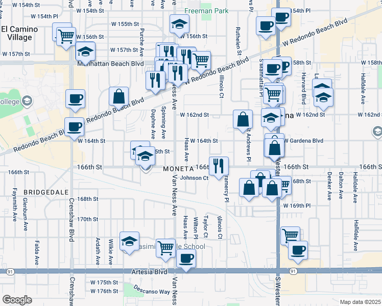 map of restaurants, bars, coffee shops, grocery stores, and more near 16515 Haas Avenue in Torrance