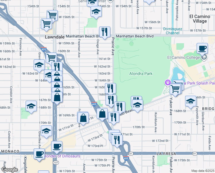 map of restaurants, bars, coffee shops, grocery stores, and more near 16515 Prairie Avenue in Lawndale