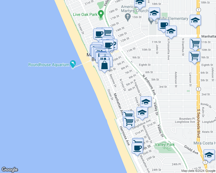 map of restaurants, bars, coffee shops, grocery stores, and more near in Manhattan Beach