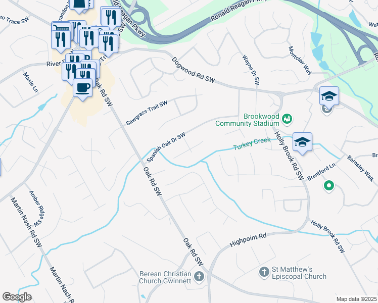 map of restaurants, bars, coffee shops, grocery stores, and more near 1201 Barkwood Court Southwest in Lilburn
