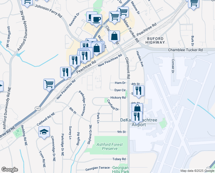 map of restaurants, bars, coffee shops, grocery stores, and more near 1861 Dyer Circle in Chamblee