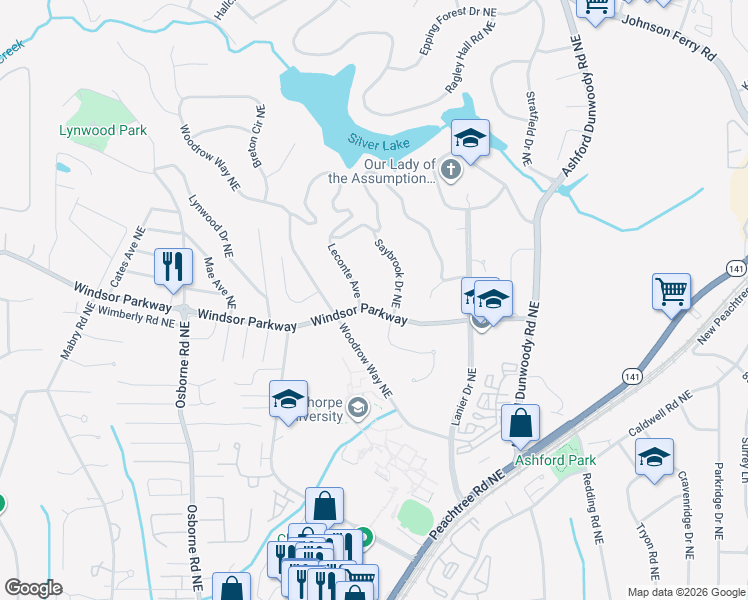 map of restaurants, bars, coffee shops, grocery stores, and more near 1538 Windsor Parkway in Atlanta