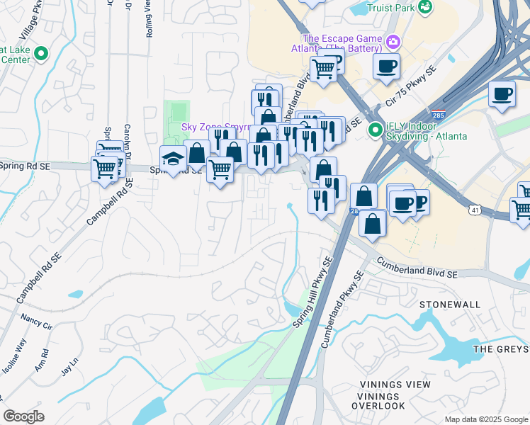 map of restaurants, bars, coffee shops, grocery stores, and more near 2625 Blackburn Court Southeast in Smyrna