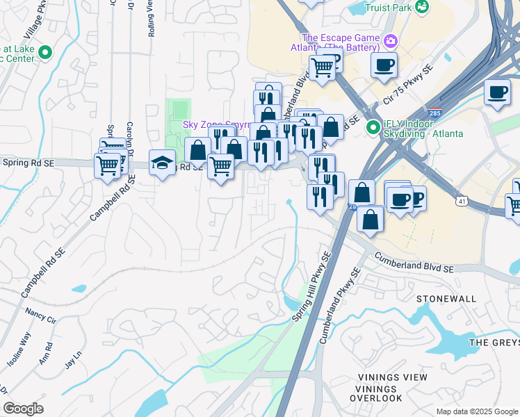 map of restaurants, bars, coffee shops, grocery stores, and more near 225 Spike Trail Southeast in Smyrna