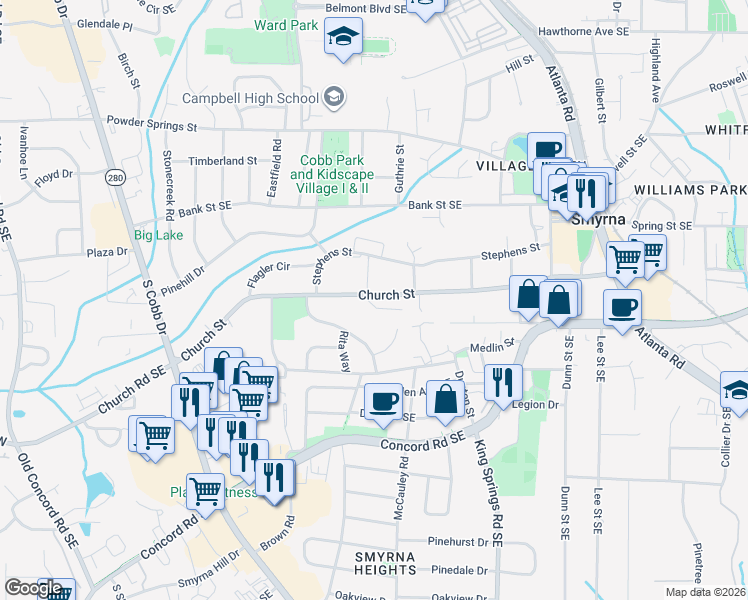 map of restaurants, bars, coffee shops, grocery stores, and more near 1105 Glenrose Street Southeast in Smyrna