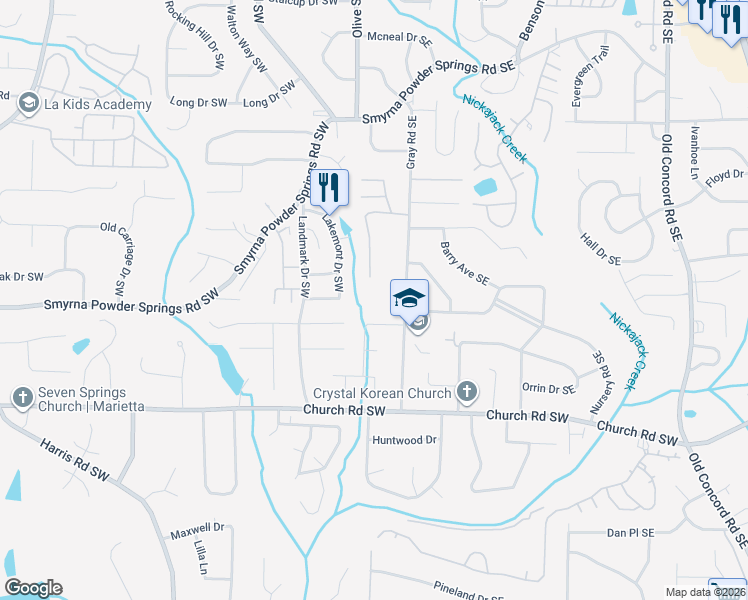 map of restaurants, bars, coffee shops, grocery stores, and more near 66 Winward Way Southeast in Smyrna