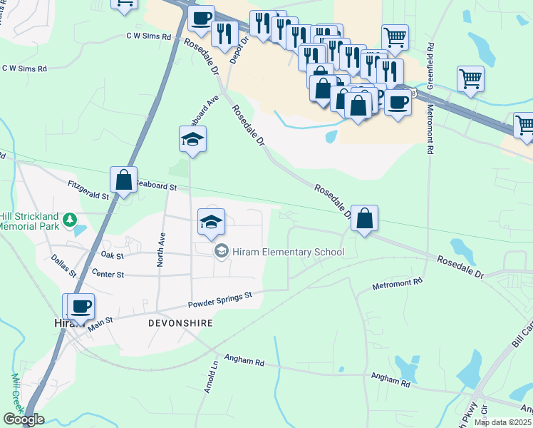 map of restaurants, bars, coffee shops, grocery stores, and more near 38 Trailview Lane in Hiram